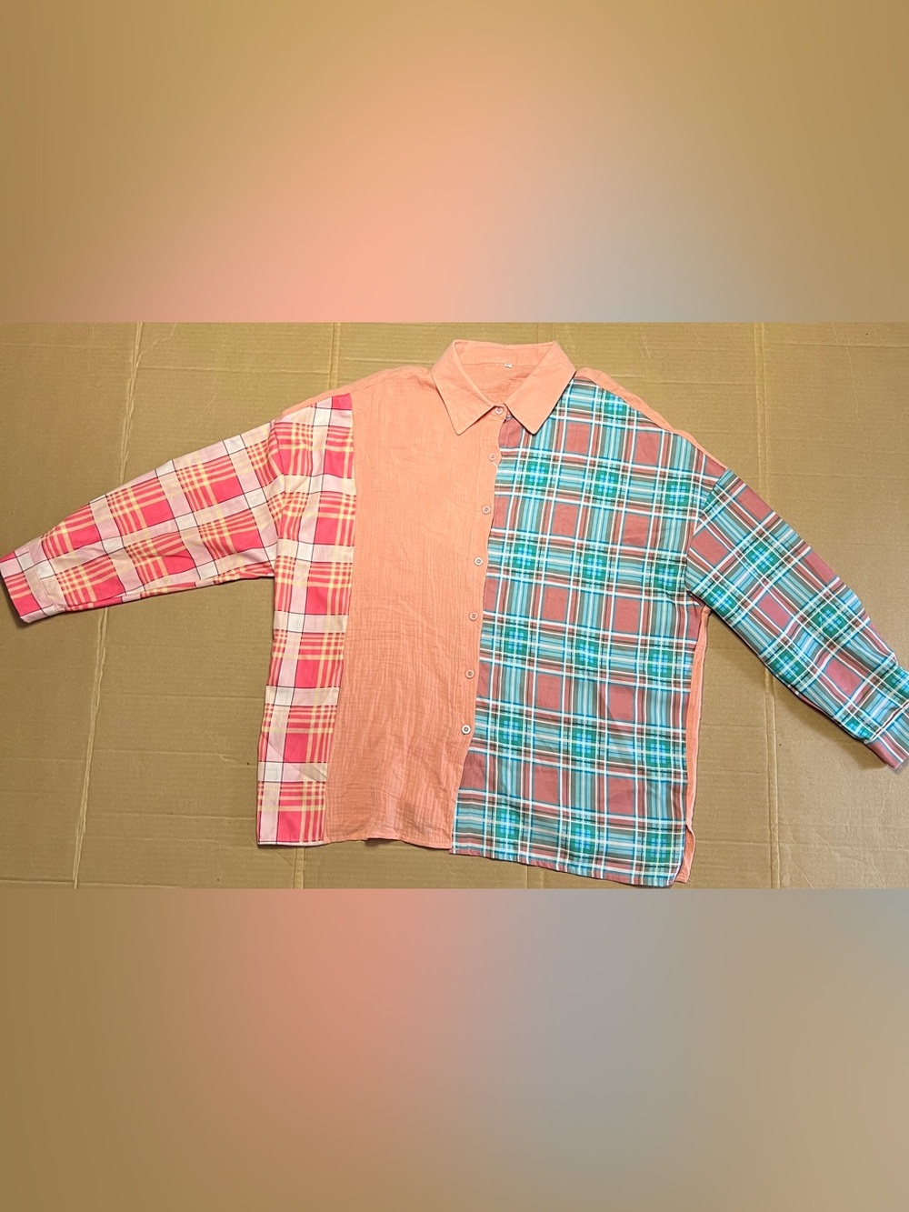 NWT HangNiTang Colorblock Plaid Patchwork Button Front Oversized Blouse Size S - Picture 2 of 8